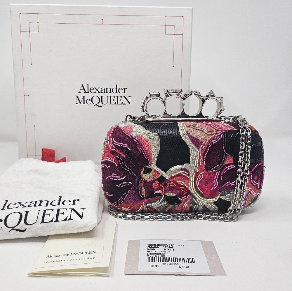 Alexander McQueen Four Ring Knuckle Purse Black Pink Embroidery Box Clutch Bag